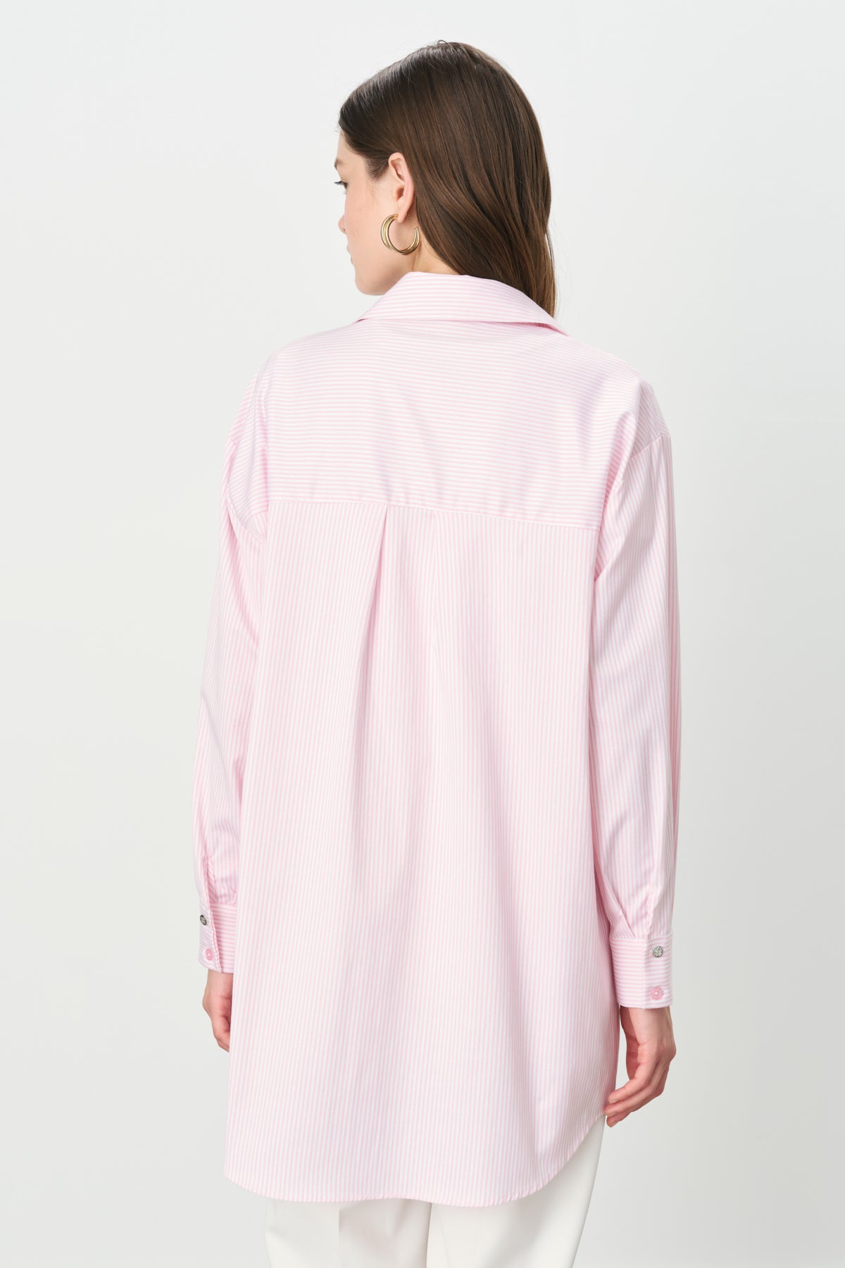 Striped Cotton Tunic Shirt with Embellished Pocket Detail - Pink
