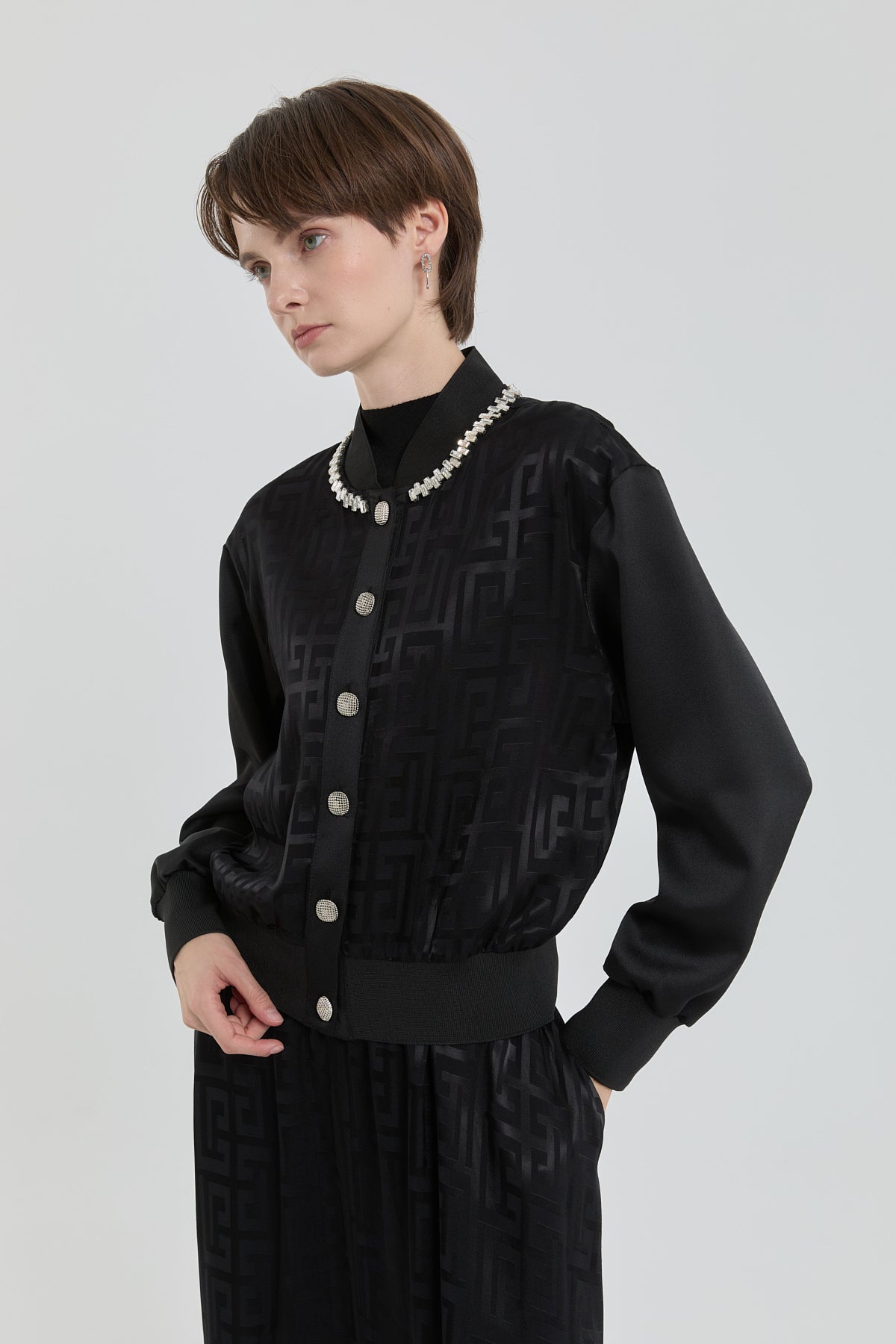Stone Jacquard Skirt and Jacket Set - Black