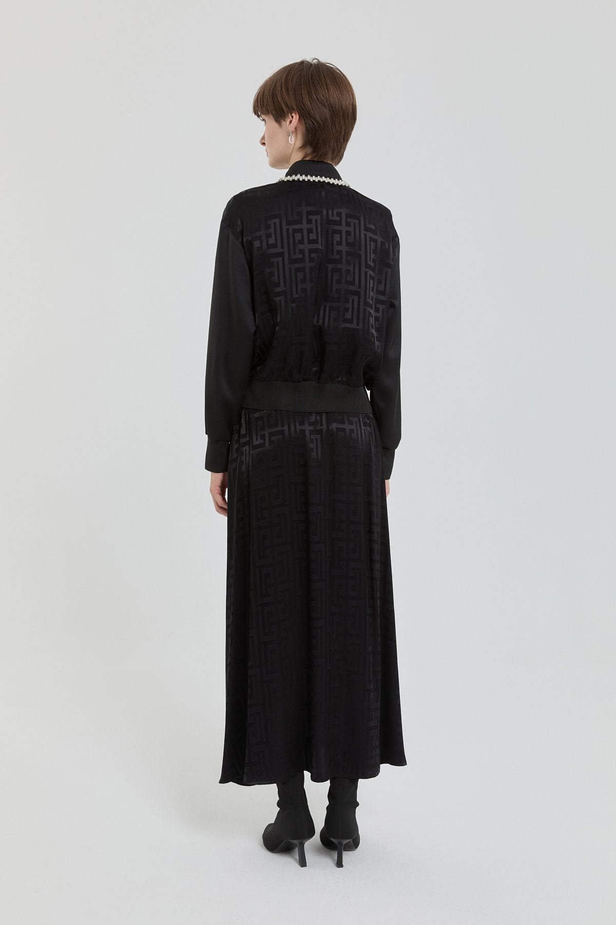 Stone Jacquard Skirt and Jacket Set - Black