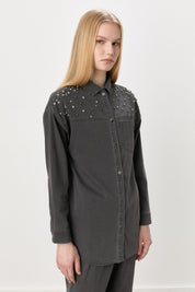 Stone Embellished Jeans and Tunic Denim Set - Grey