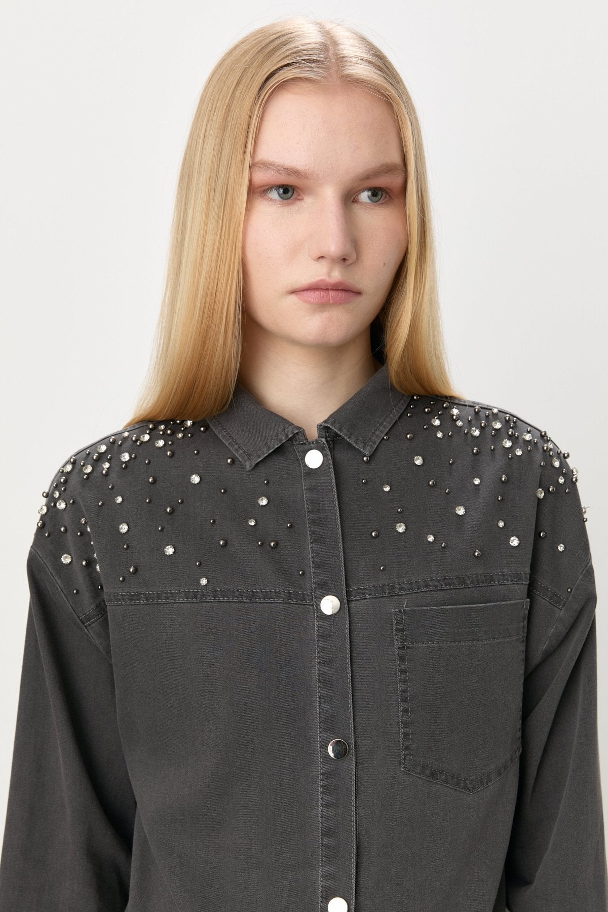 Stone Embellished Jeans and Tunic Denim Set - Grey