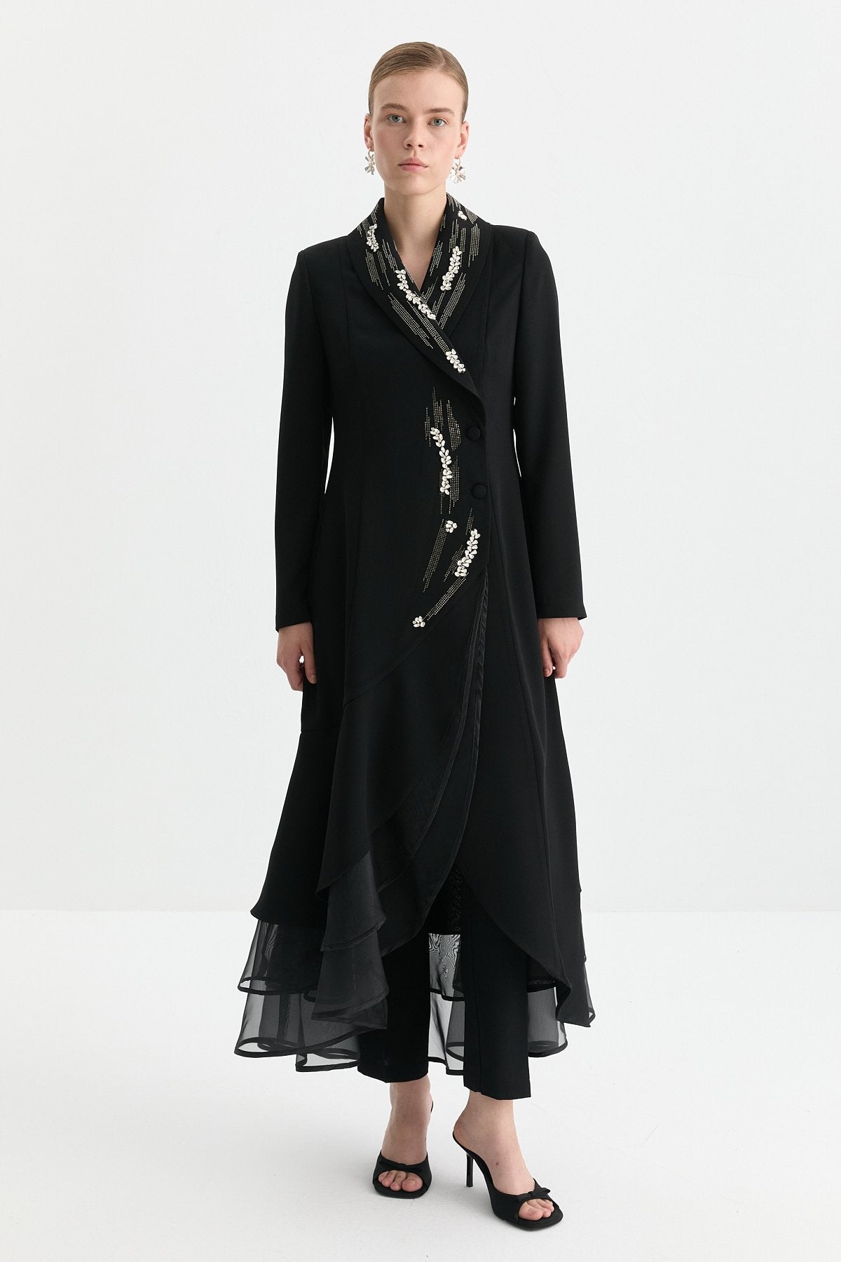 Taşlı Pantolon Kaftan Takım - Siyah