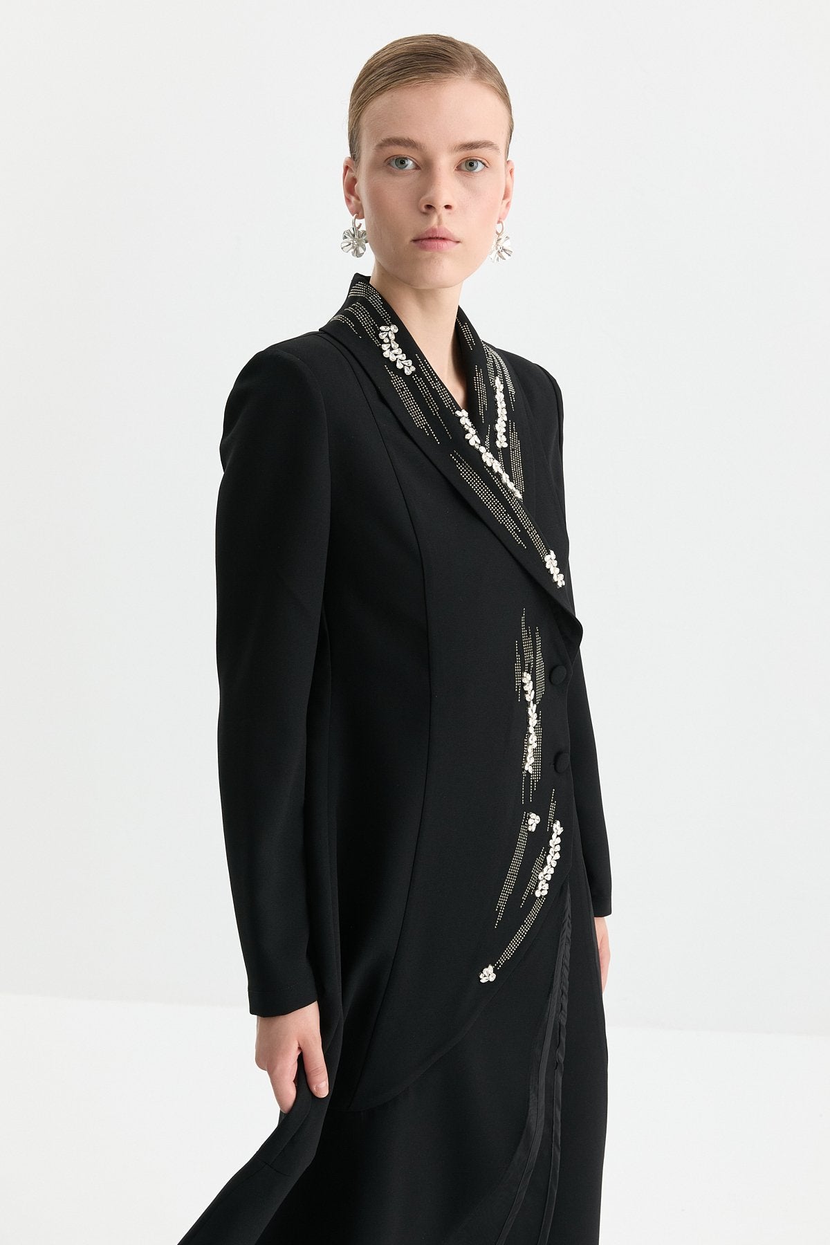 Taşlı Pantolon Kaftan Takım - Siyah