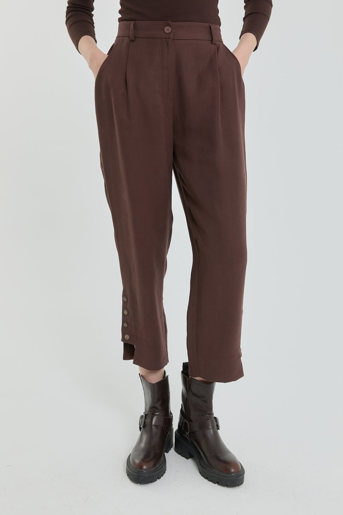 Tencel Karışım Havuç Pantolon - Kahve