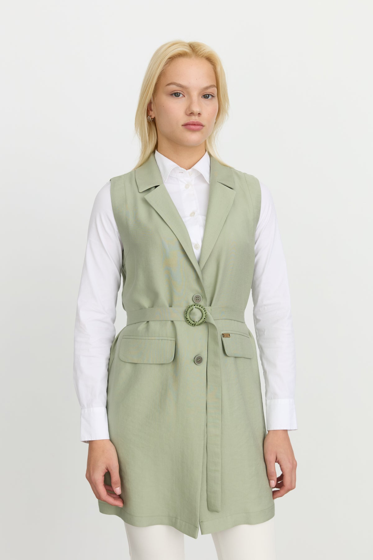 Tencel Kemer Detaylı Tencel Karışım Yelek - Ada Çayı