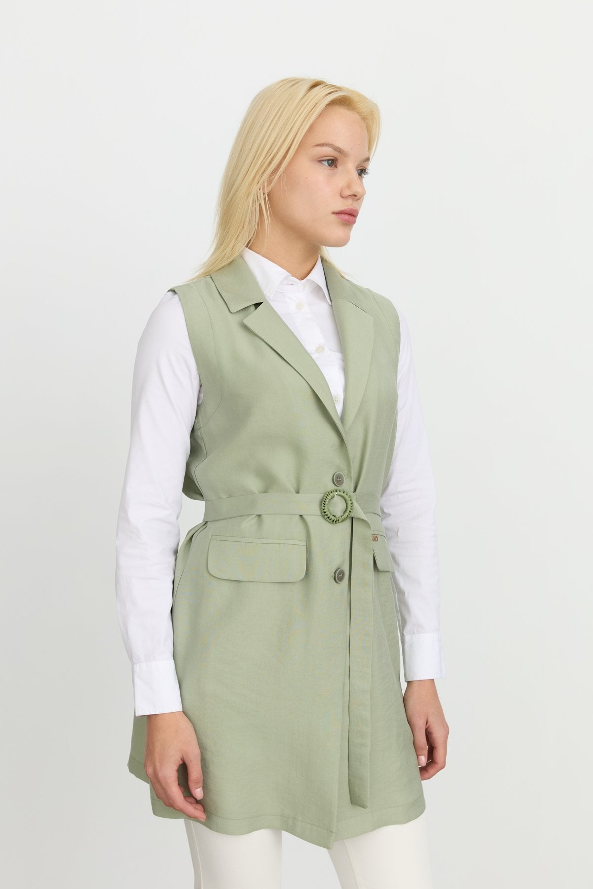 Tencel Kemer Detaylı Tencel Karışım Yelek - Ada Çayı