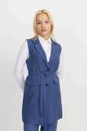Tencel Kemer Detaylı Tencel Karışım Yelek - İndigo