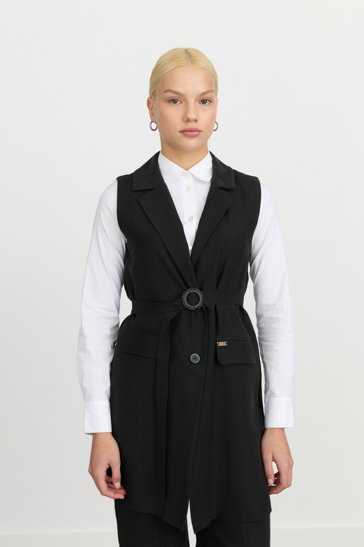 Tencel Kemer Detaylı Tencel Karışım Yelek - Siyah