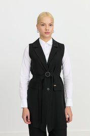 Tencel Kemer Detaylı Tencel Karışım Yelek - Siyah