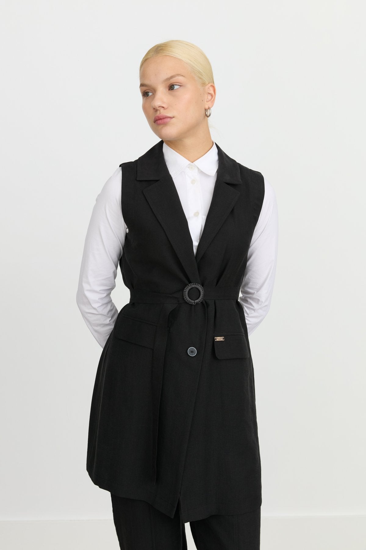 Tencel Blend Vest with Belt Detail - Black