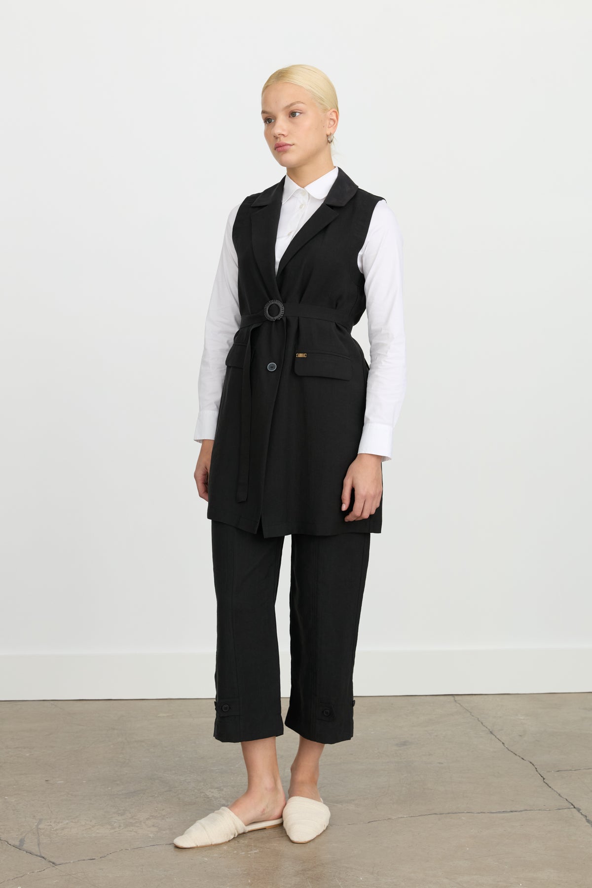 Tencel Blend Vest with Belt Detail - Black