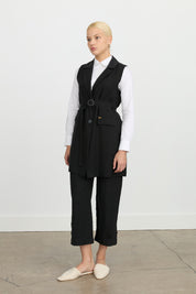 Tencel Blend Vest with Belt Detail - Black
