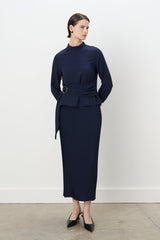 Skirt and Blouse Set with Buckle Detail - Navy Blue