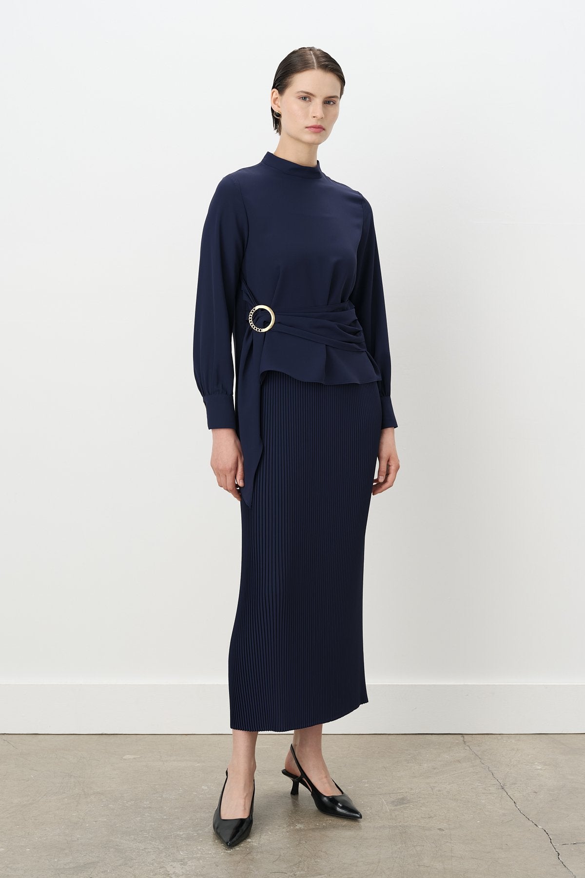 Skirt and Blouse Set with Buckle Detail - Navy Blue