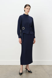 Skirt and Blouse Set with Buckle Detail - Navy Blue