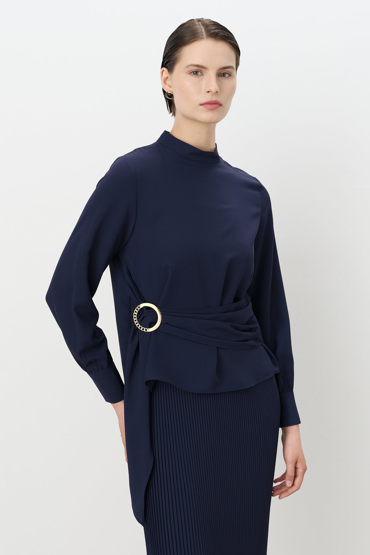 Skirt and Blouse Set with Buckle Detail - Navy Blue