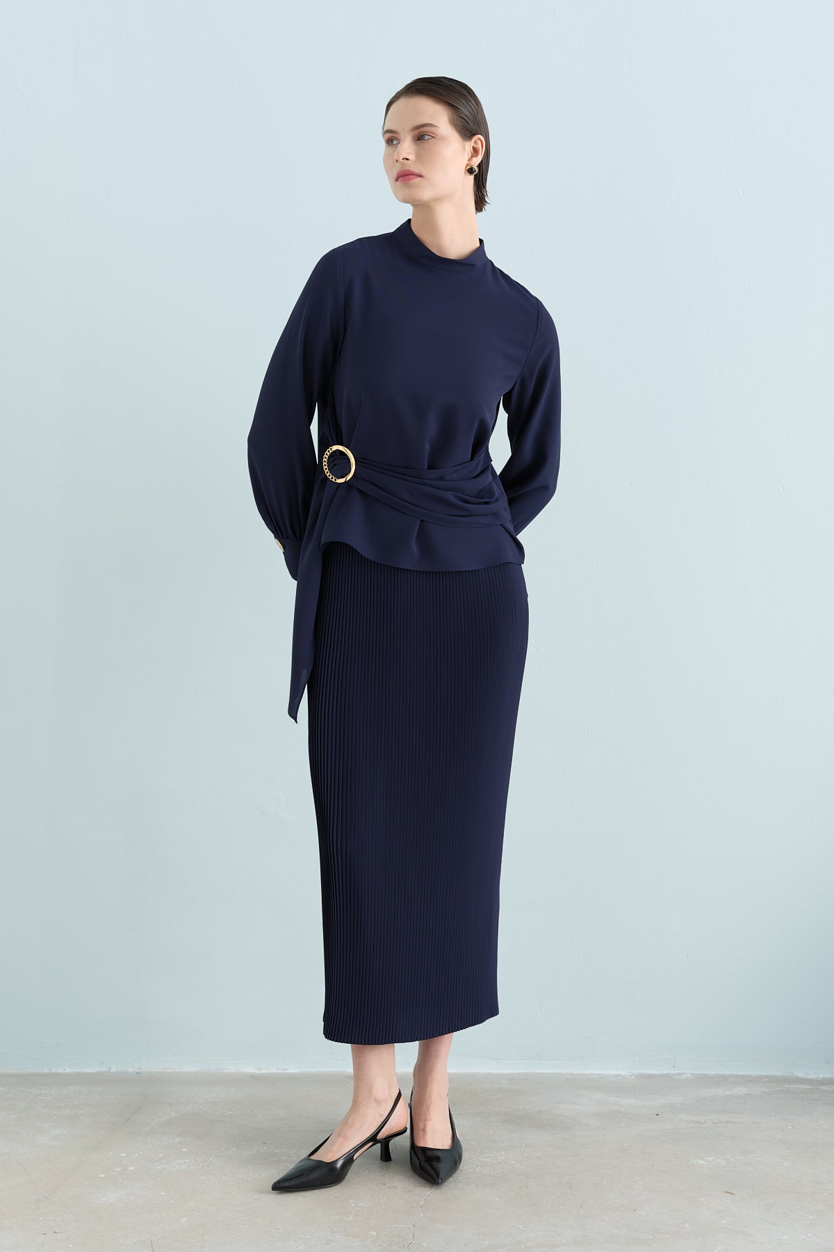 Skirt and Blouse Set with Buckle Detail - Navy Blue