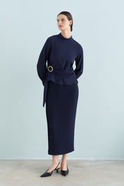 Skirt and Blouse Set with Buckle Detail - Navy Blue