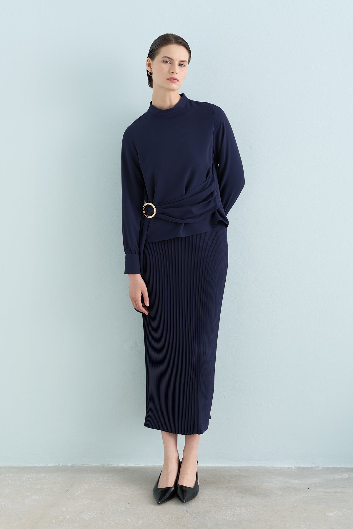 Skirt and Blouse Set with Buckle Detail - Navy Blue