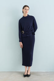 Skirt and Blouse Set with Buckle Detail - Navy Blue