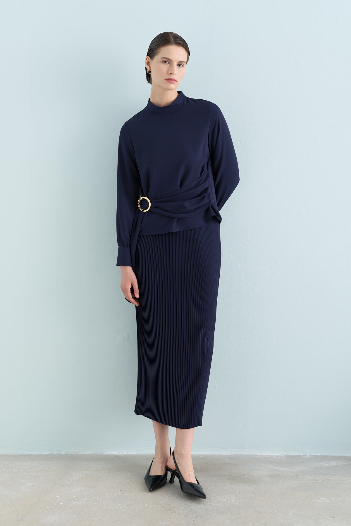 Skirt and Blouse Set with Buckle Detail - Navy Blue