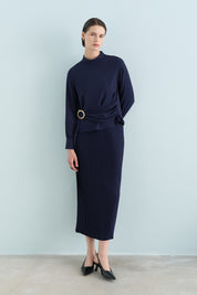 Skirt and Blouse Set with Buckle Detail - Navy Blue