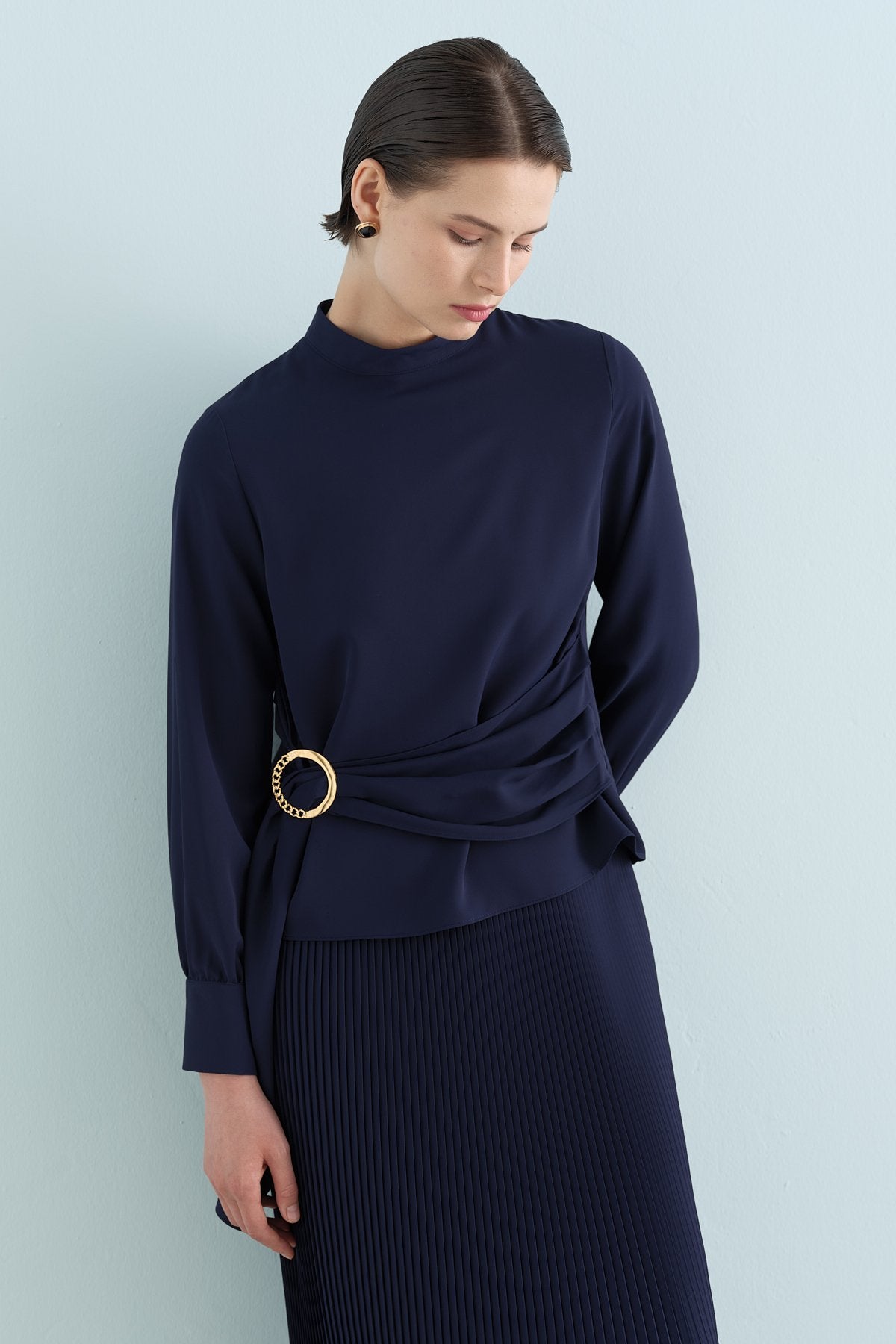 Skirt and Blouse Set with Buckle Detail - Navy Blue