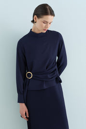 Skirt and Blouse Set with Buckle Detail - Navy Blue