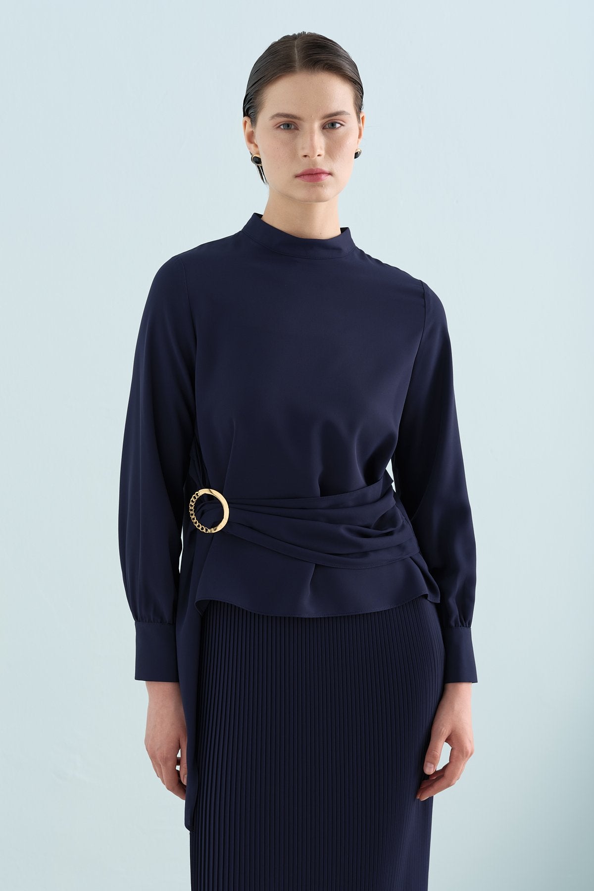 Skirt and Blouse Set with Buckle Detail - Navy Blue