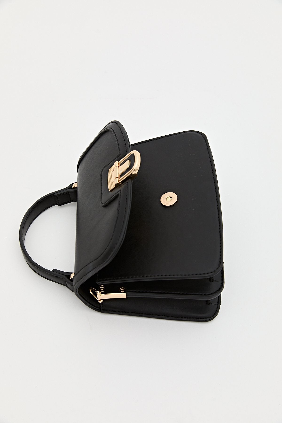 Buckle Detail Flap Crossbody Bag - Black