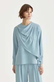 Buckle Detail Pleated Stylish Pant Tunic Set - Light Blue