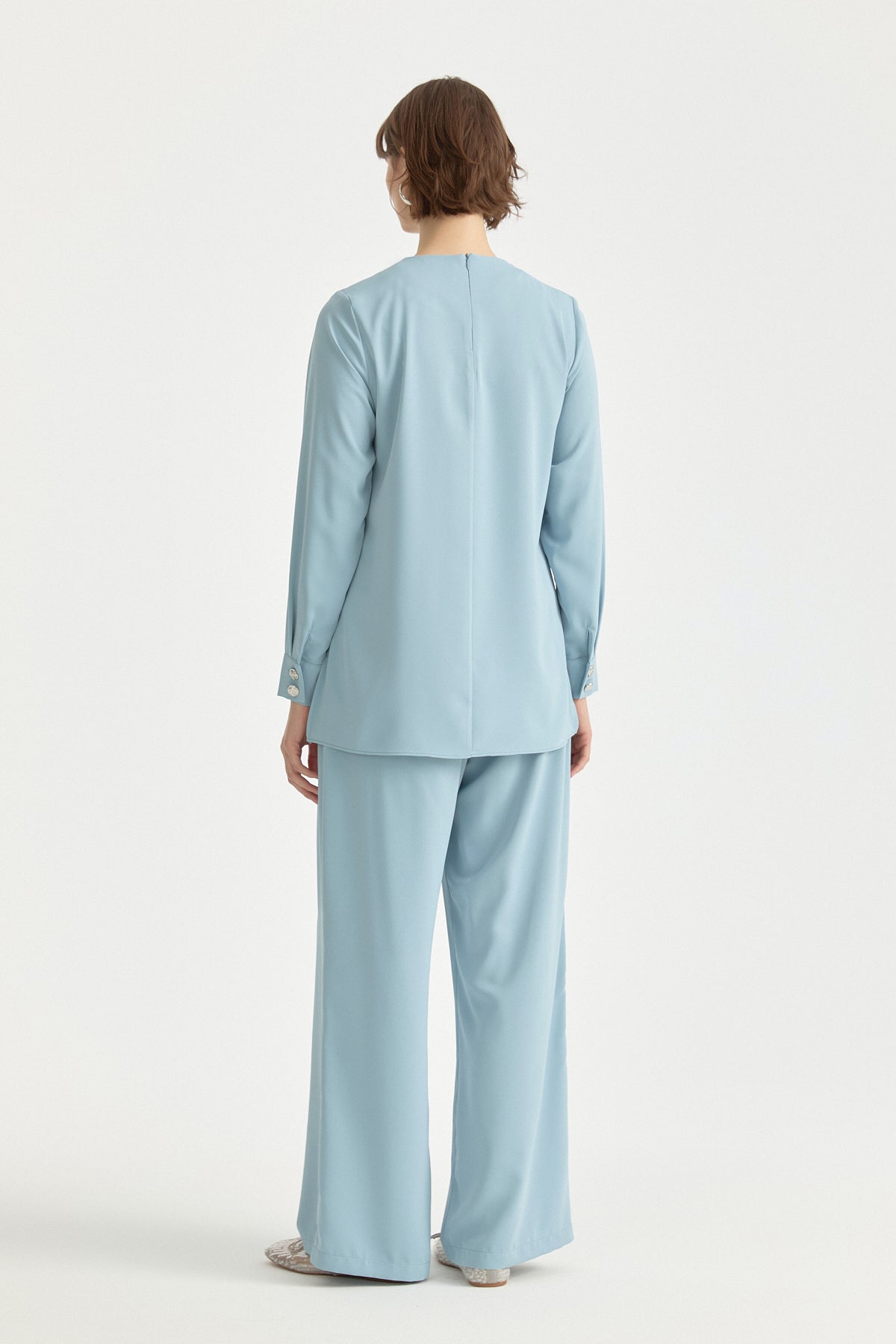Buckle Detail Pleated Stylish Pant Tunic Set - Light Blue