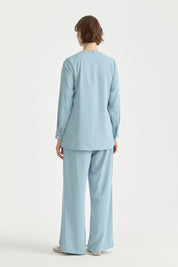 Buckle Detail Pleated Stylish Pant Tunic Set - Light Blue