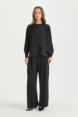 Stylish Pleated Pants and Tunic Set with Buckle Detail - Black