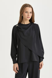 Stylish Pleated Pants and Tunic Set with Buckle Detail - Black