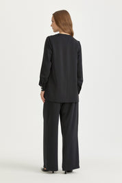 Stylish Pleated Pants and Tunic Set with Buckle Detail - Black