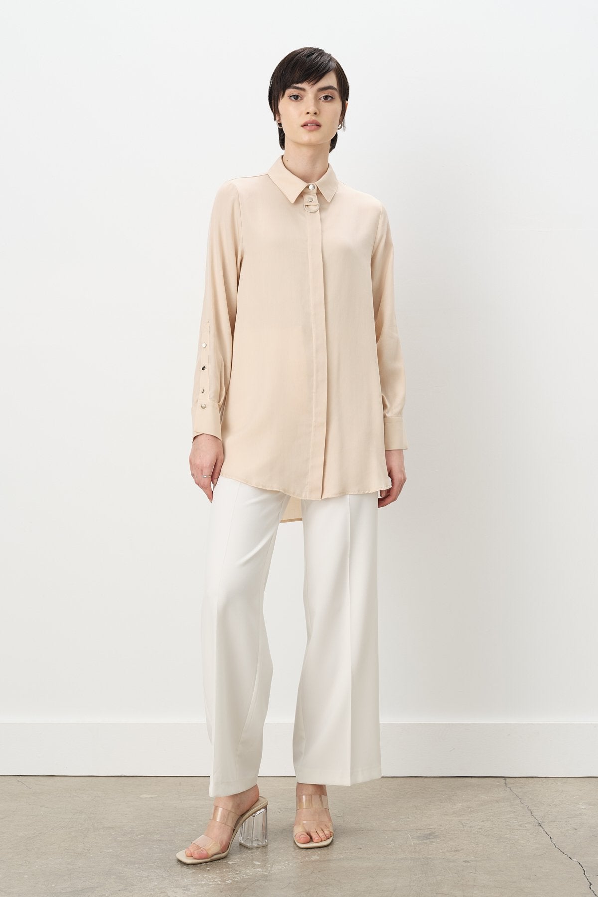 Toka Detaylı Tencel Tunik - Bej