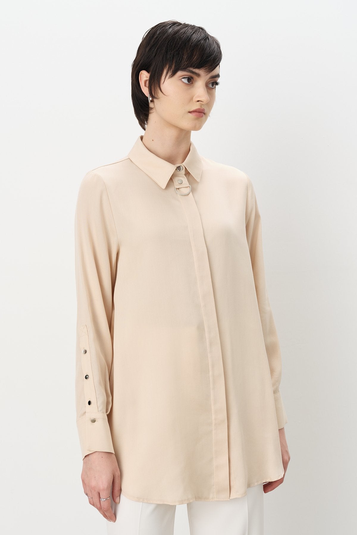 Buckle Detail Tencel Tunic - Beige