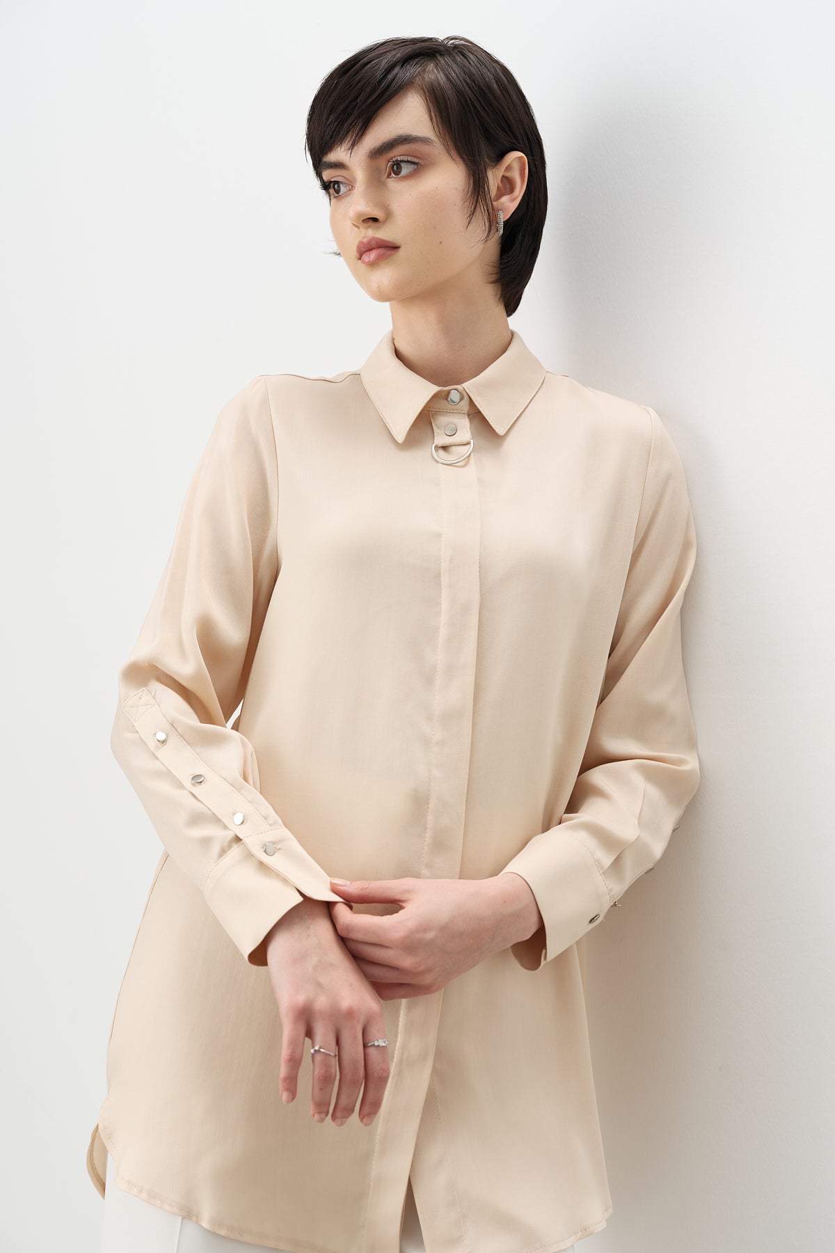 Buckle Detail Tencel Tunic - Beige
