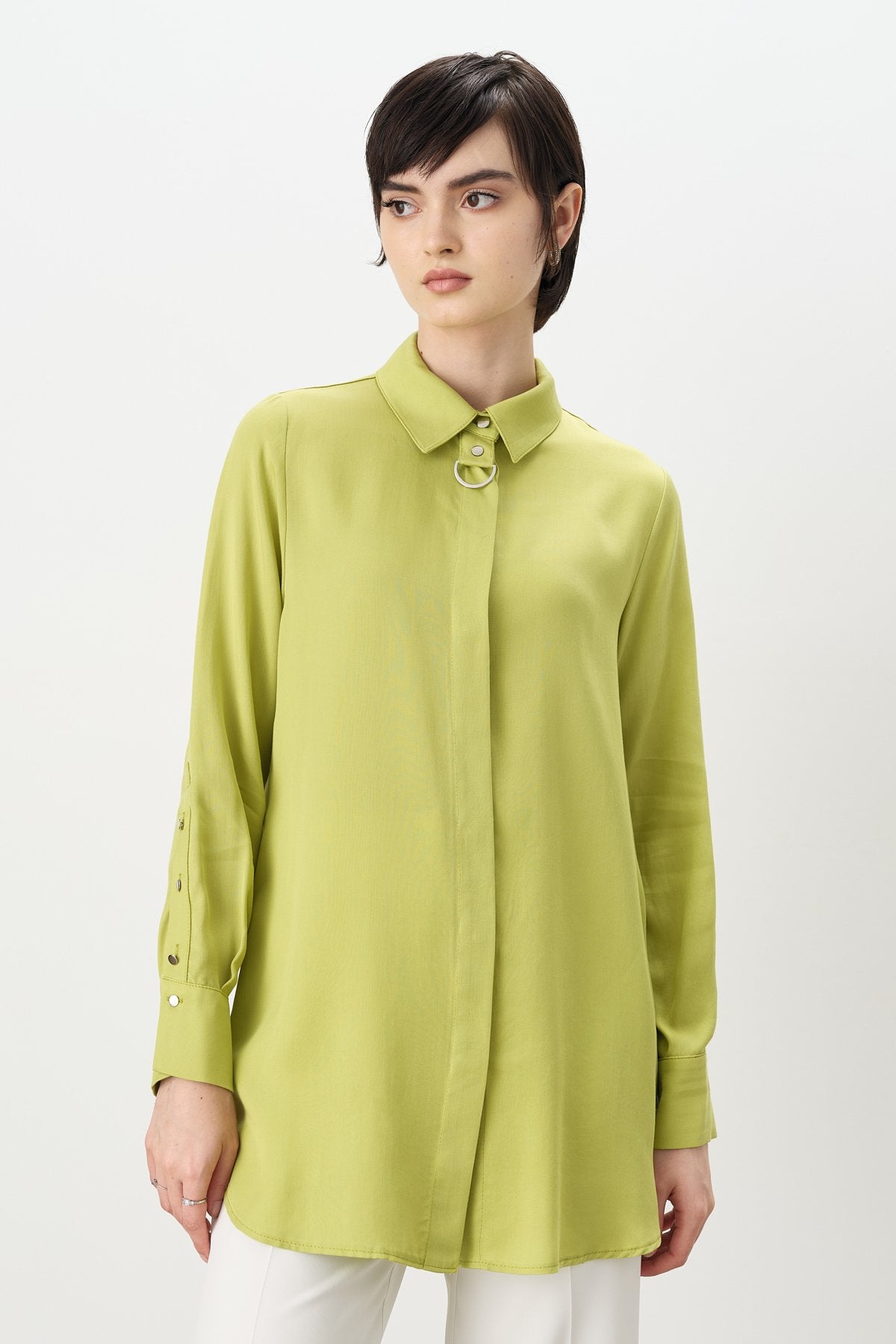 Toka Detaylı Tencel Tunik - Fıstık Yeşili