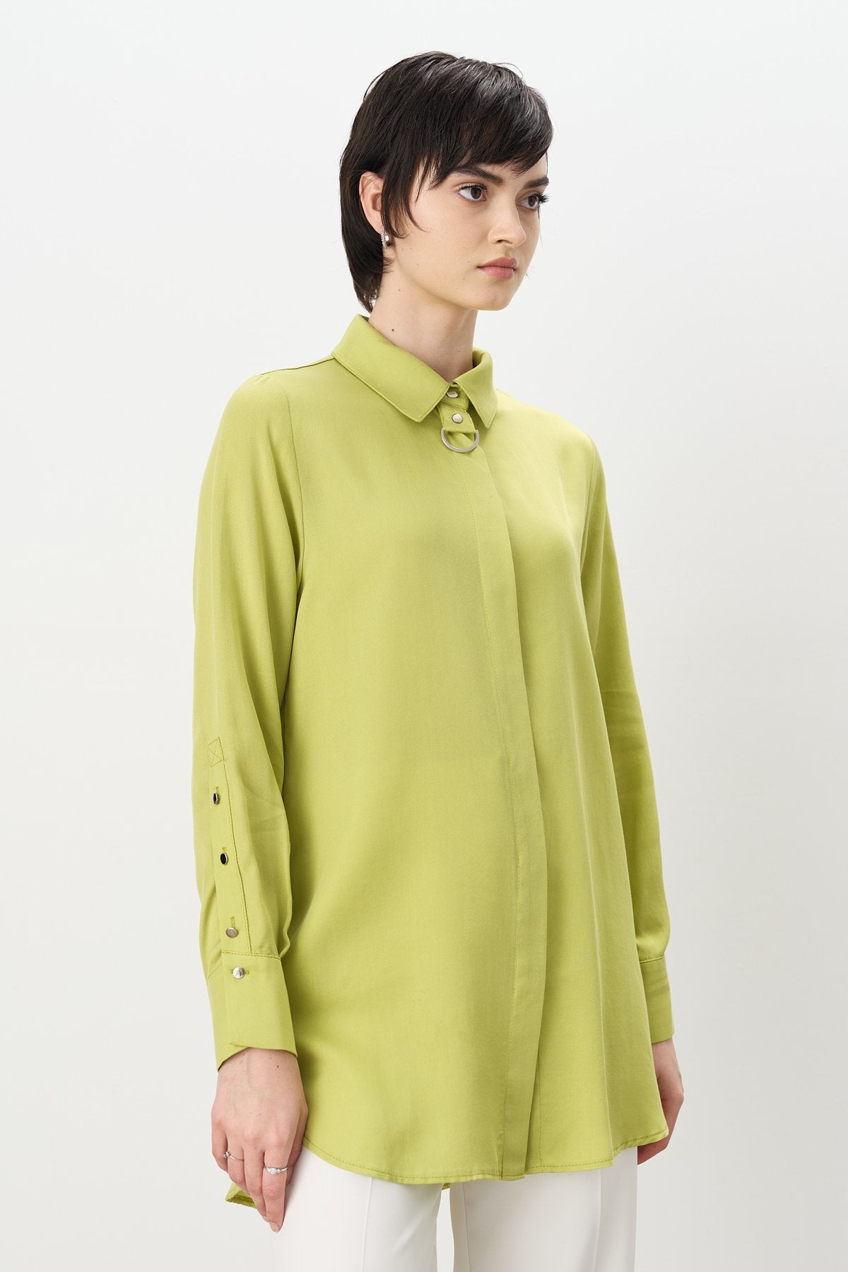 Toka Detaylı Tencel Tunik - Fıstık Yeşili