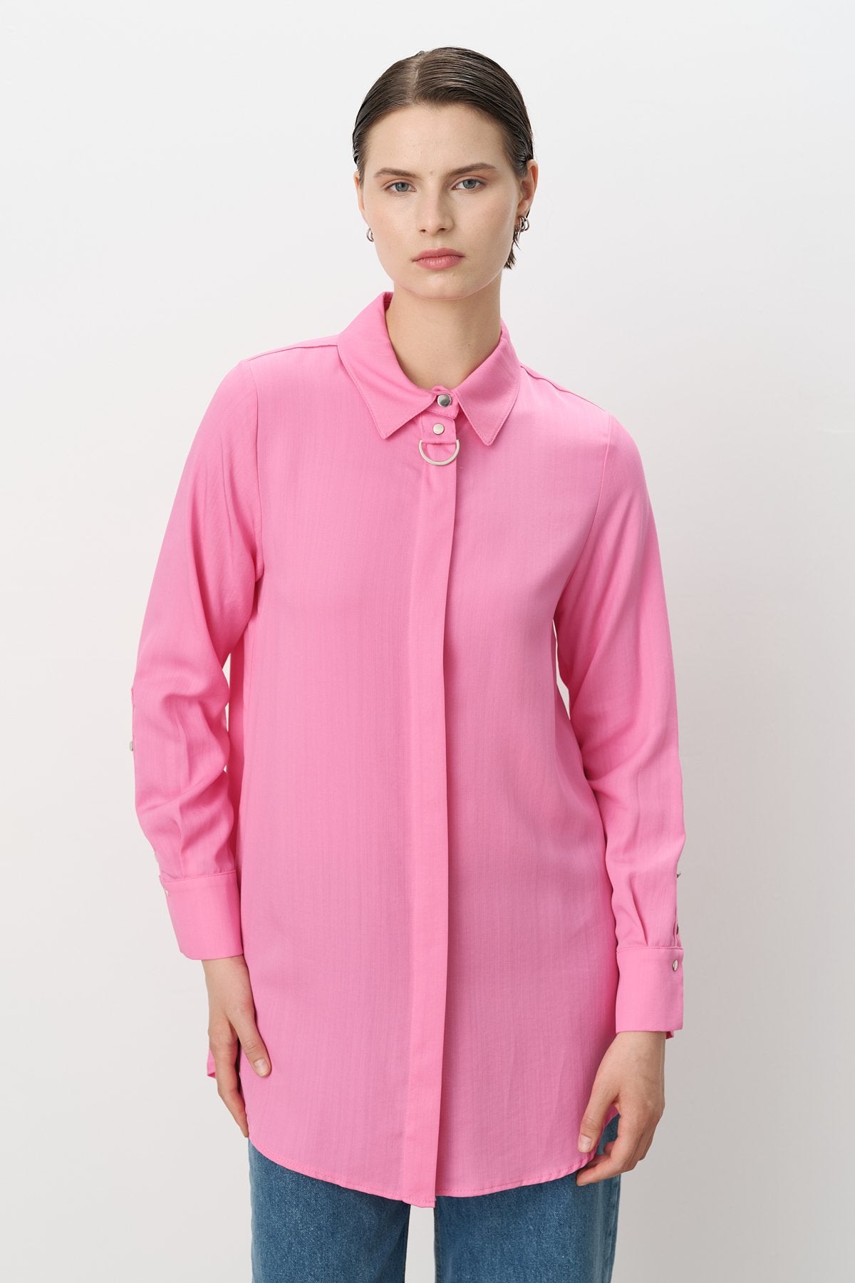 Toka Detaylı Tencel Tunik - Pembe
