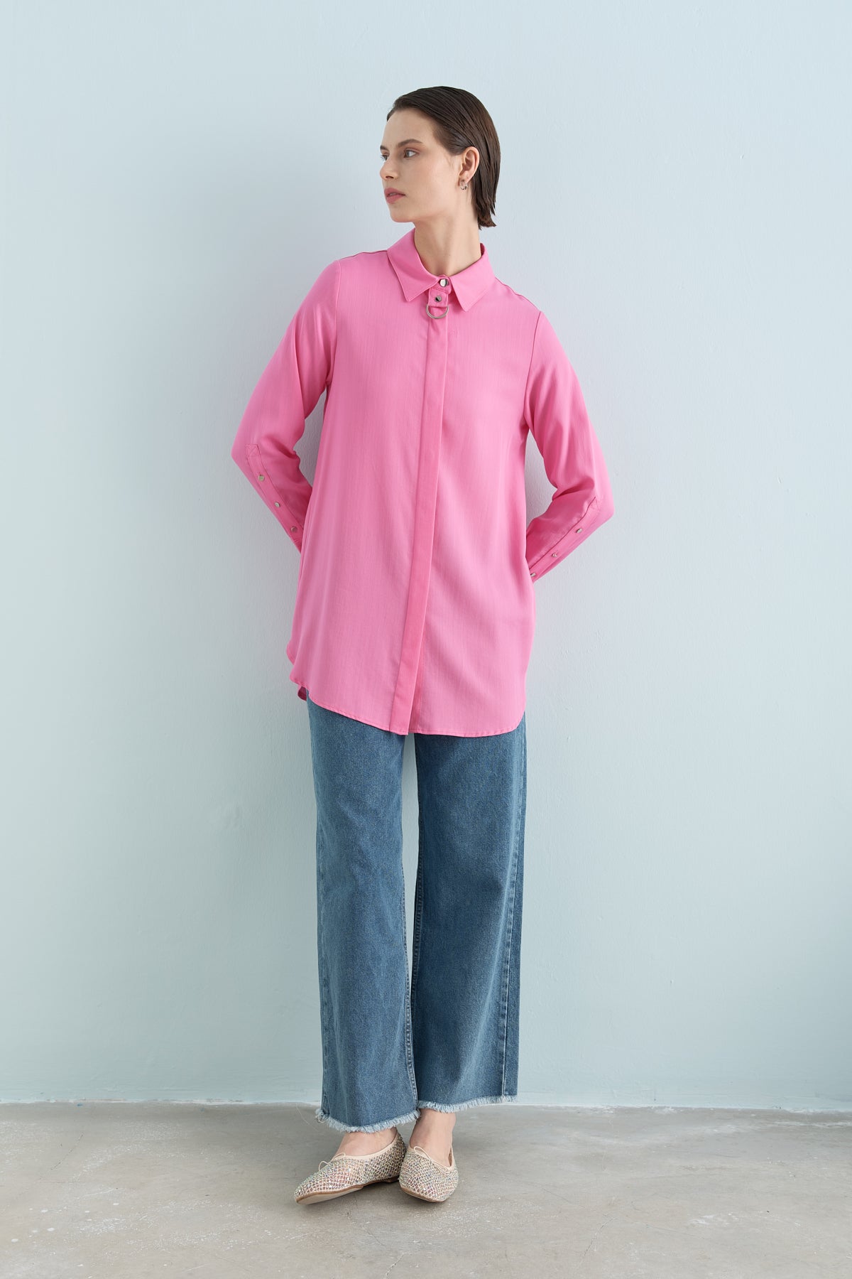 Toka Detaylı Tencel Tunik - Pembe