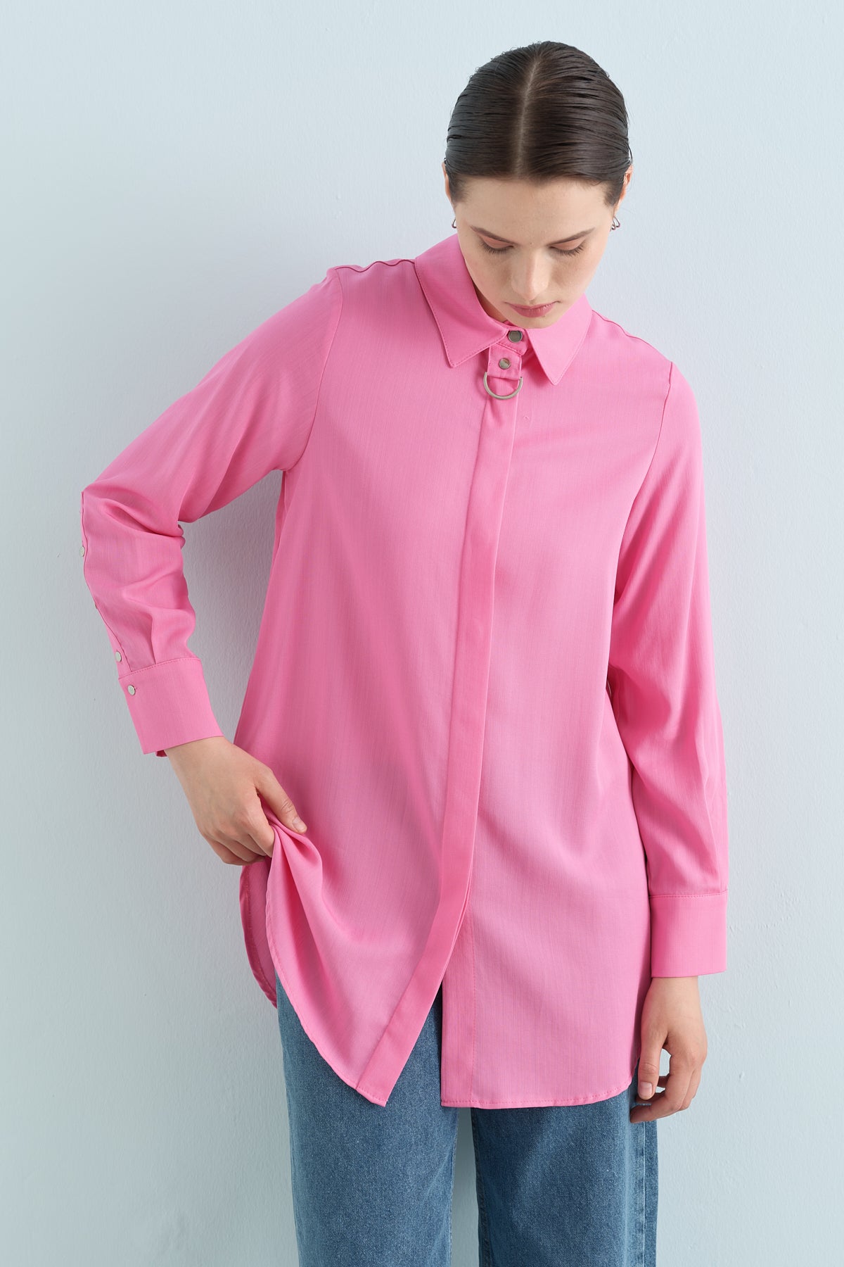 Toka Detaylı Tencel Tunik - Pembe