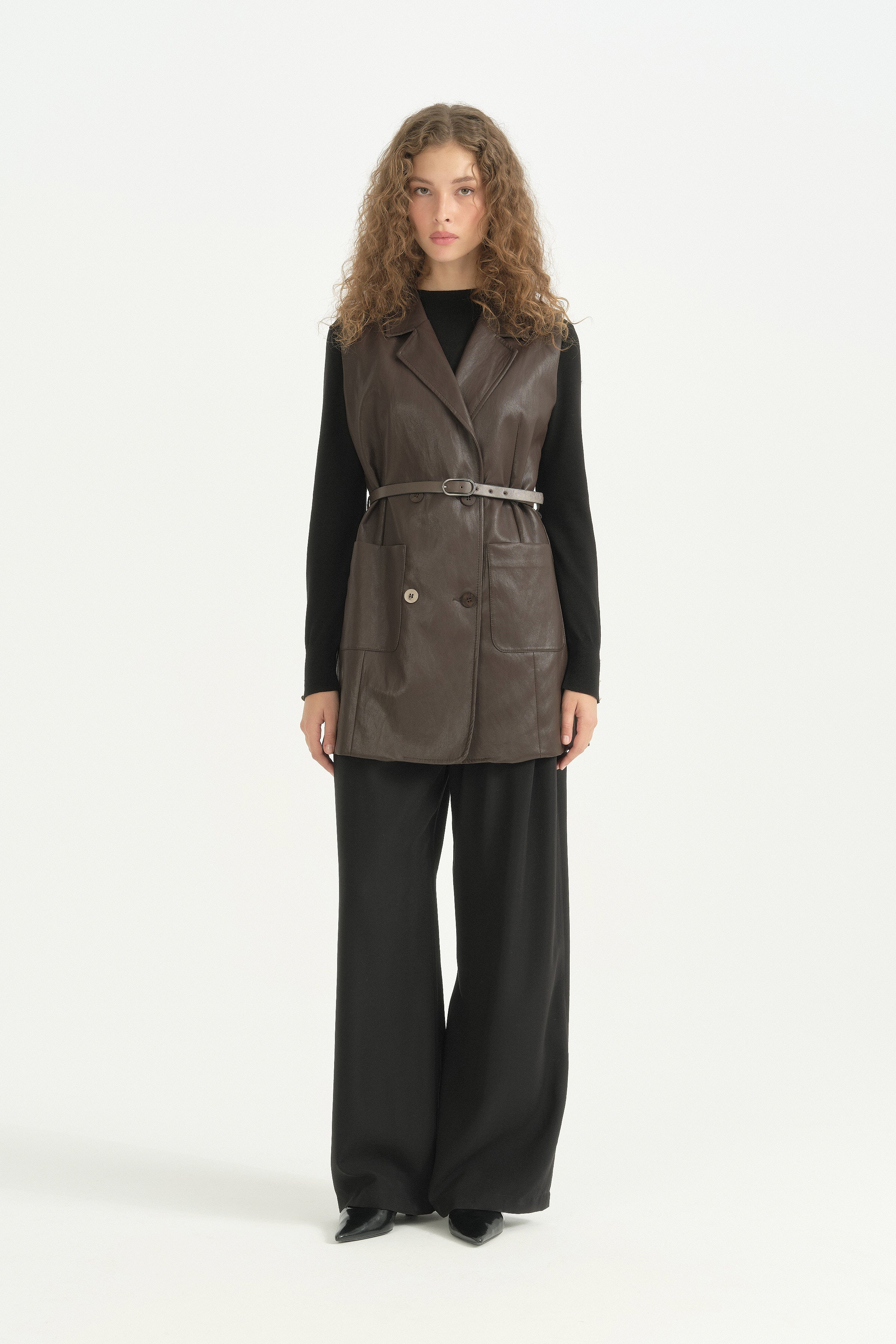 Torba Cepli Hafif Dar Blazer Yelek - Kahve