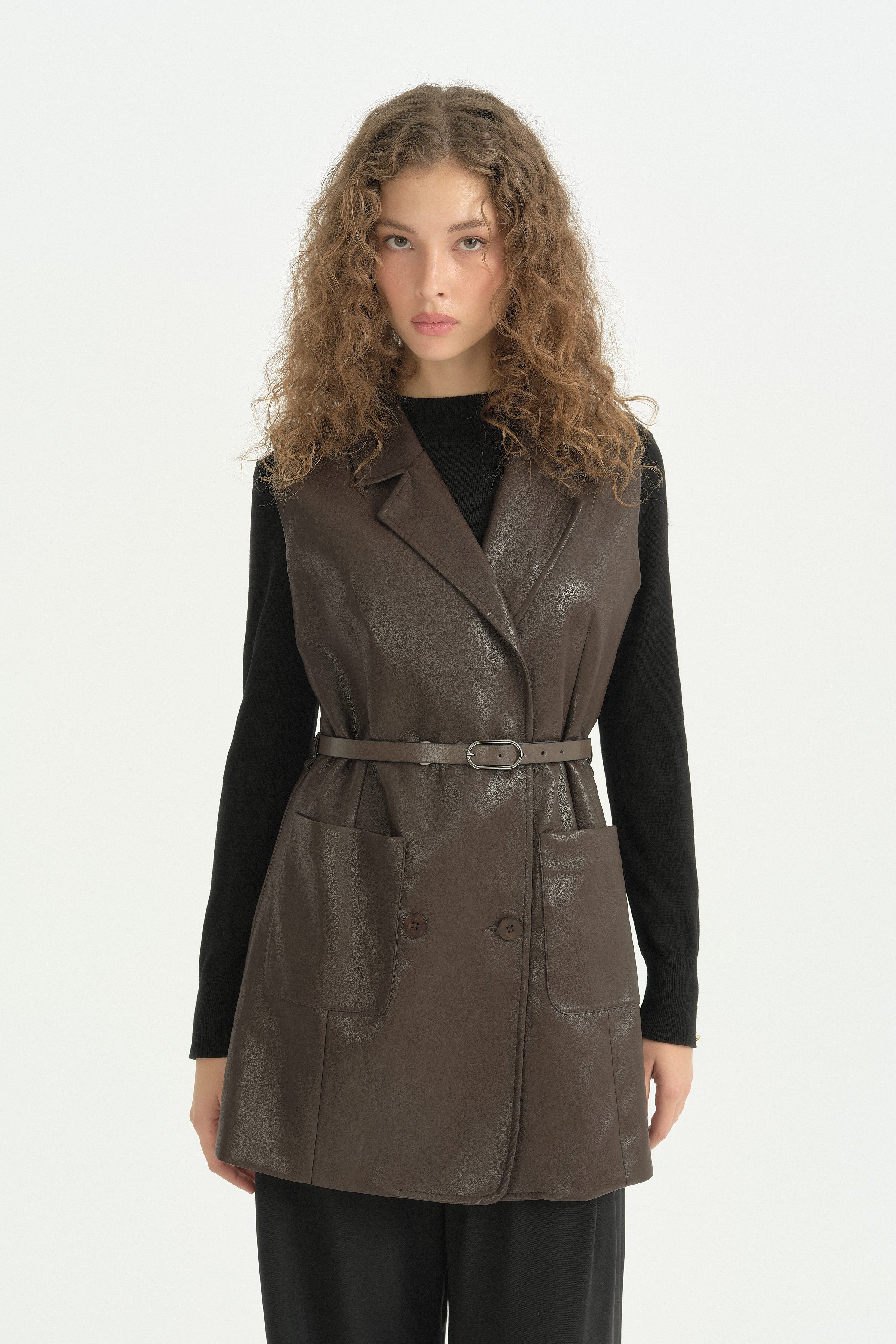 Torba Cepli Hafif Dar Blazer Yelek - Kahve