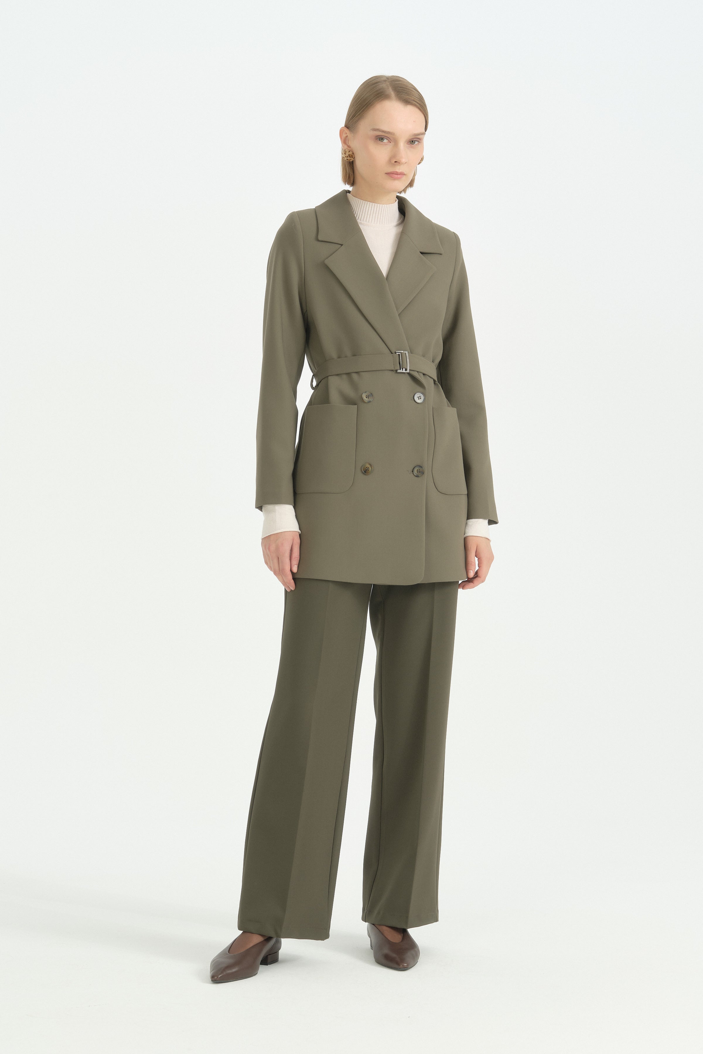 Torba Kesitli Hafif Dar Blazer Ceket - Haki