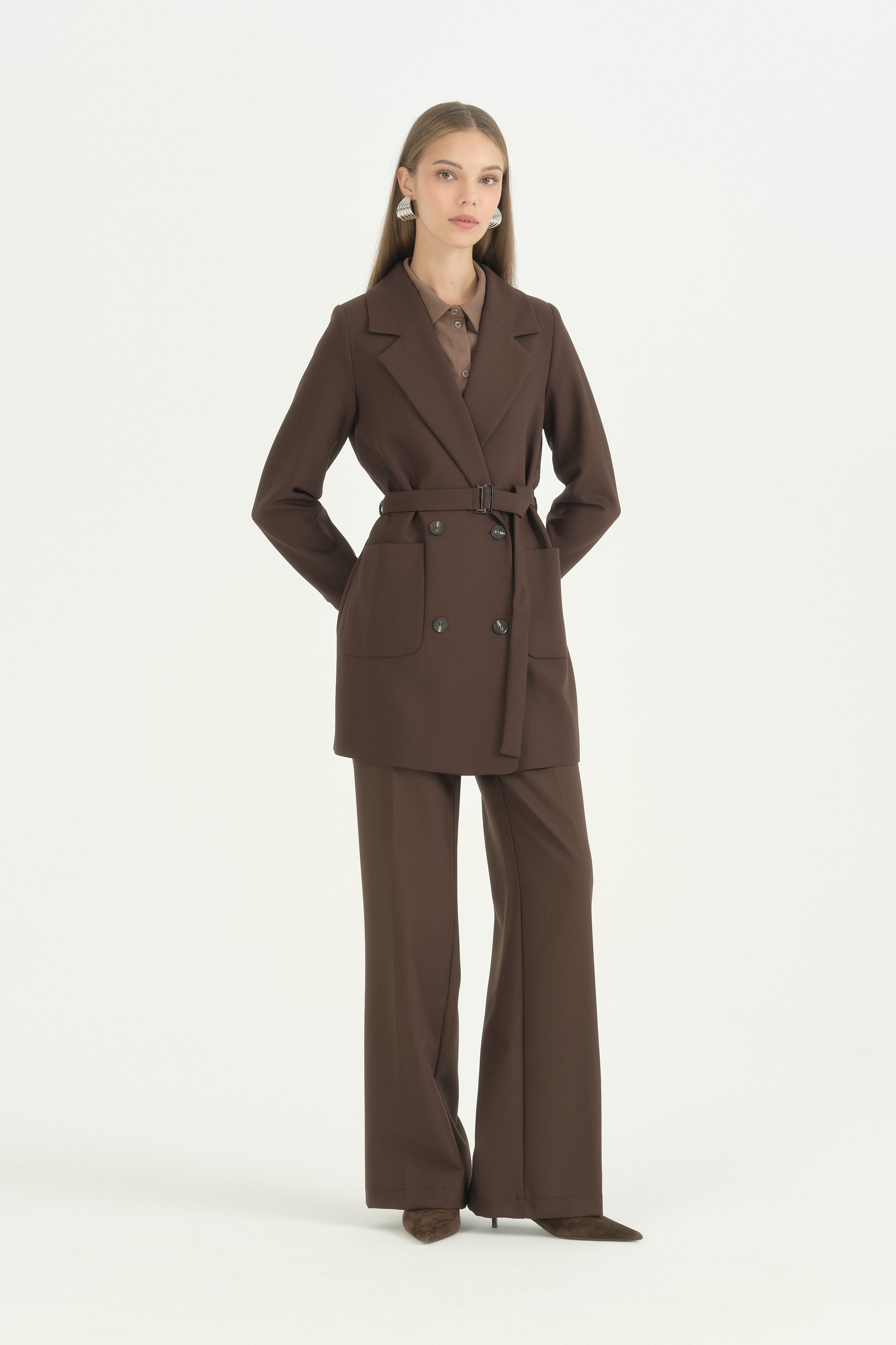 Torba Kesitli Hafif Dar Blazer Ceket - Kahve