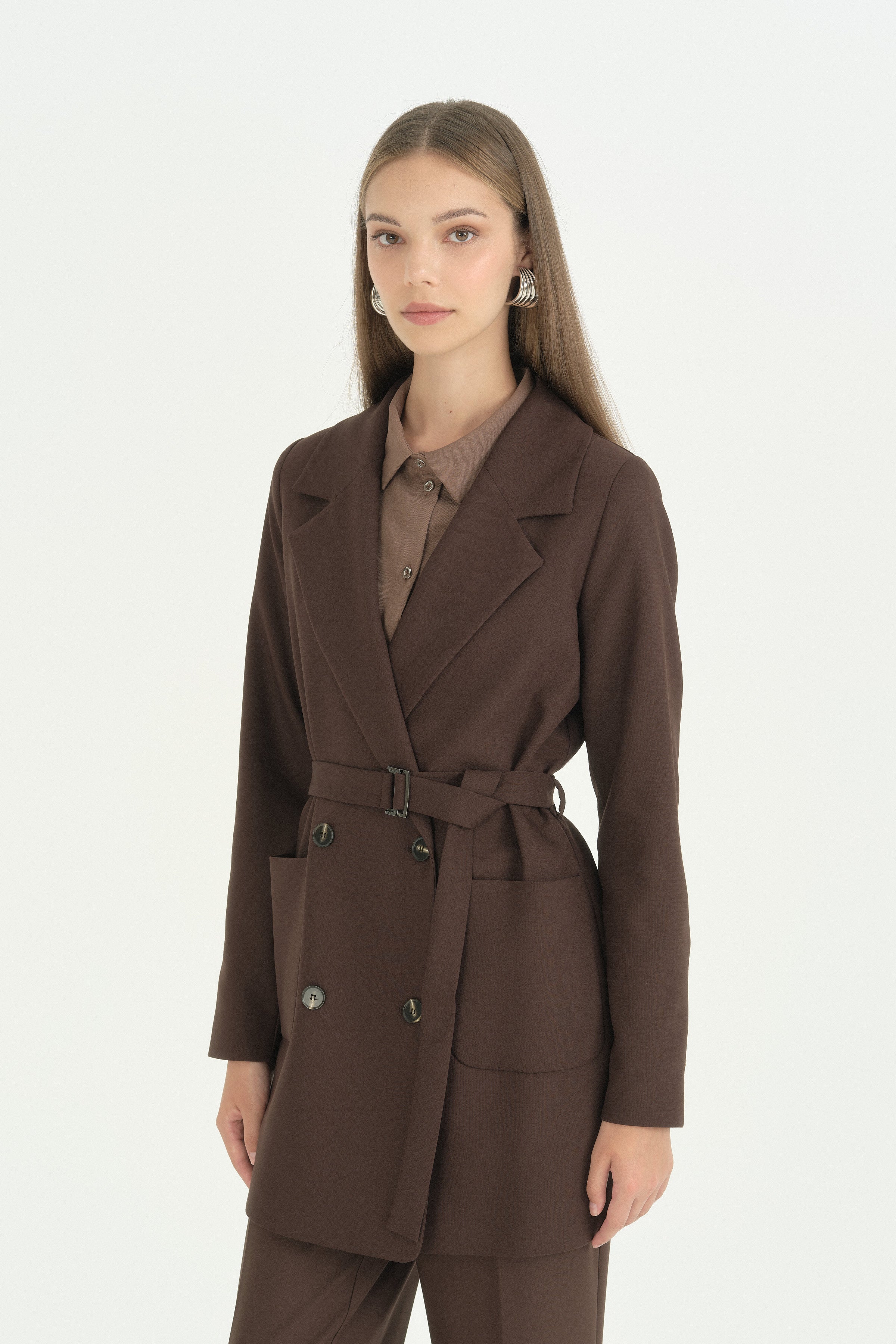 Torba Kesitli Hafif Dar Blazer Ceket - Kahve