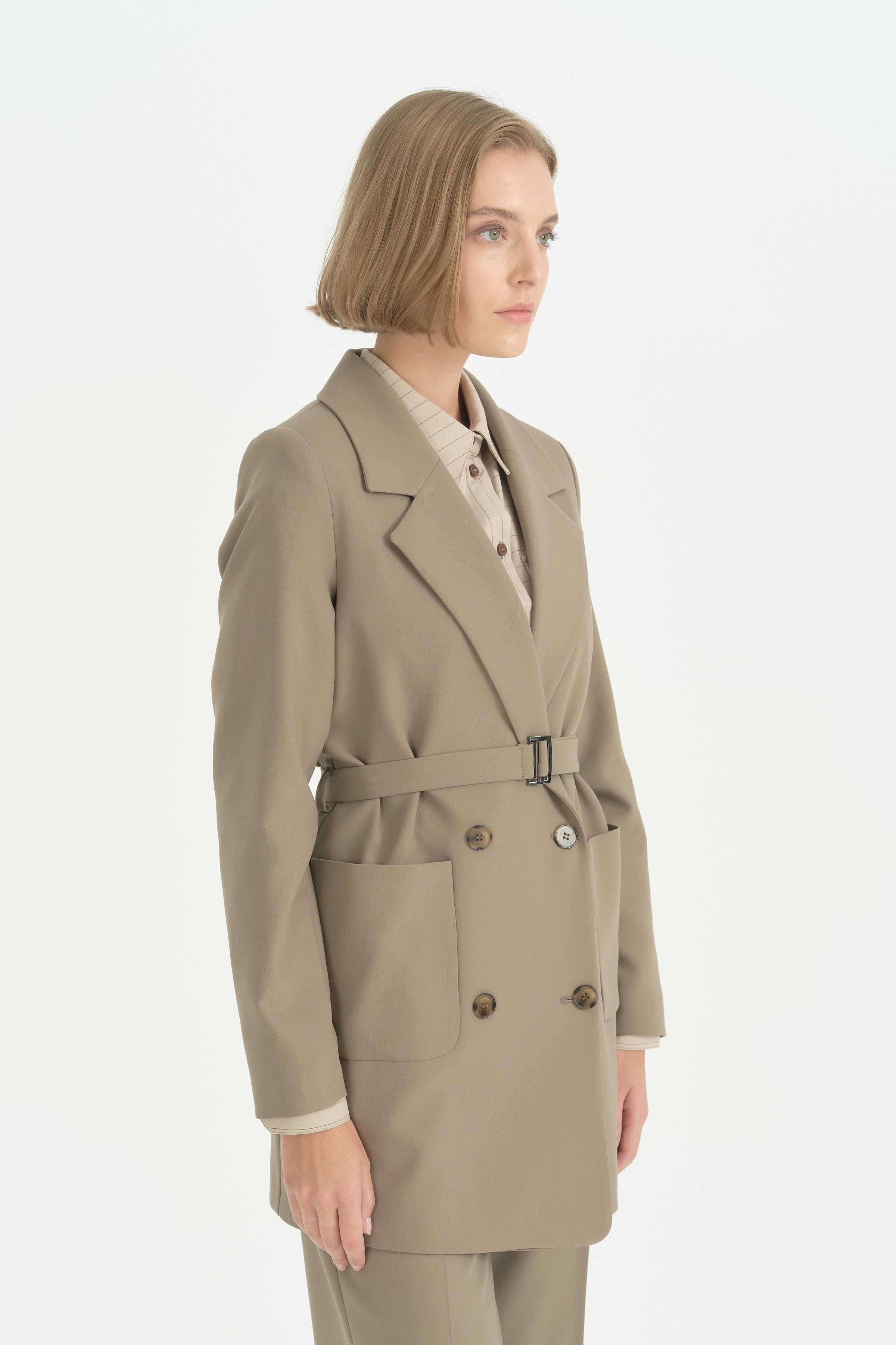 Torba Kesitli Hafif Dar Blazer Ceket - Vizon